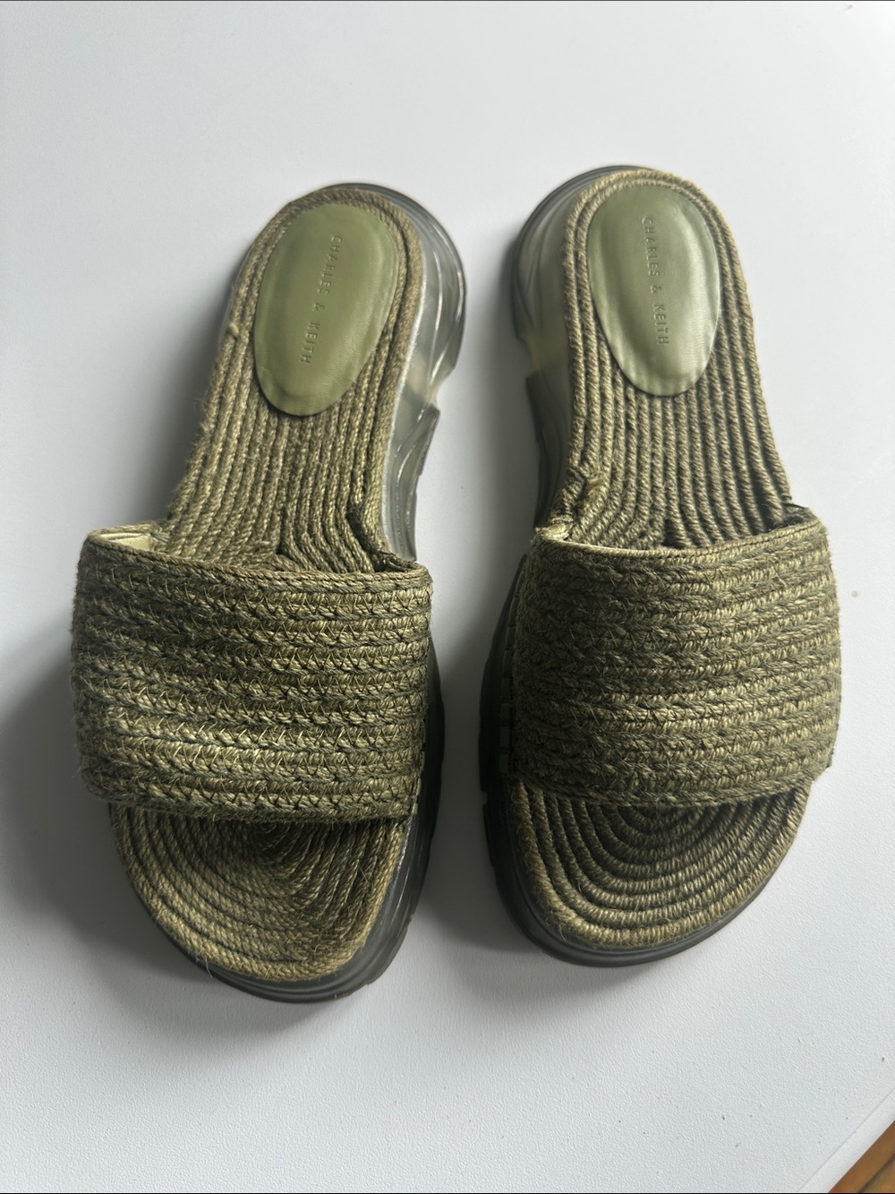 P—Charles & Keith Olive Green Braided Slide Sandals